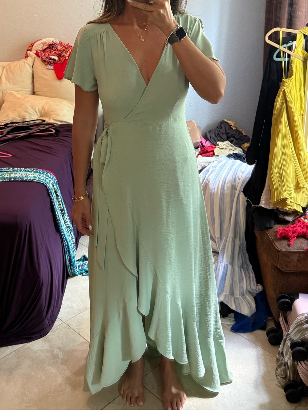 Altar'd State Mint Green Wrap Maxi Dress with Ruffle Hem